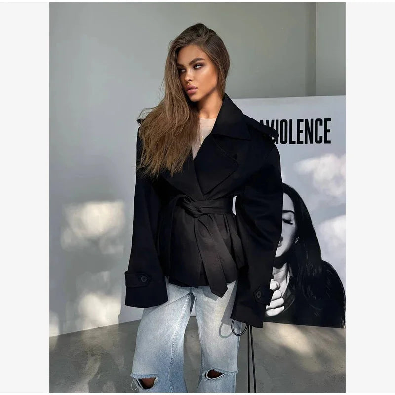 Women's Coat 2026 Spring New Style Solid Color Long Sleeve Belted Short Trench Coat European and American Personalized Fashion