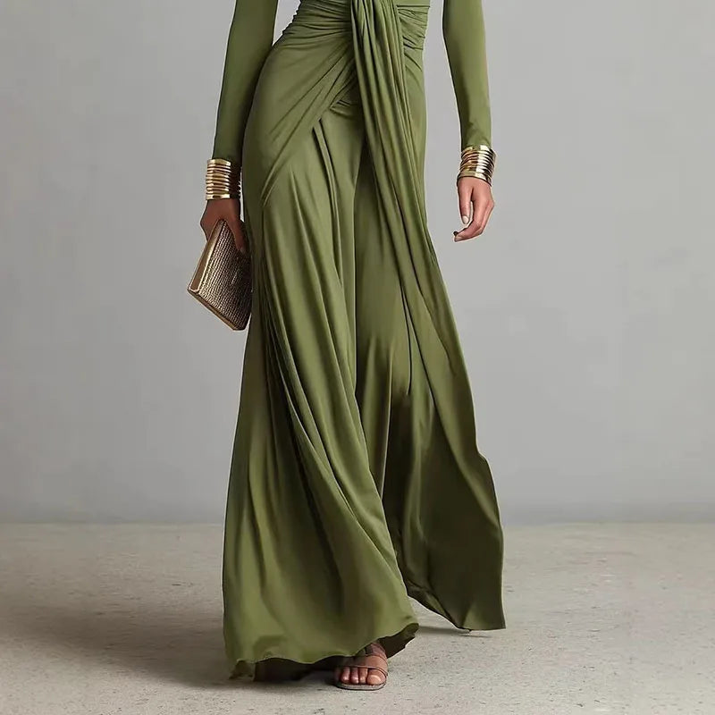 Women's Elegant Deep V Neck Maxi Dress Spring Twist Knot Ruched Floor-Length Evening Gown Autumn New Long Sleeve Slim Boho Dress