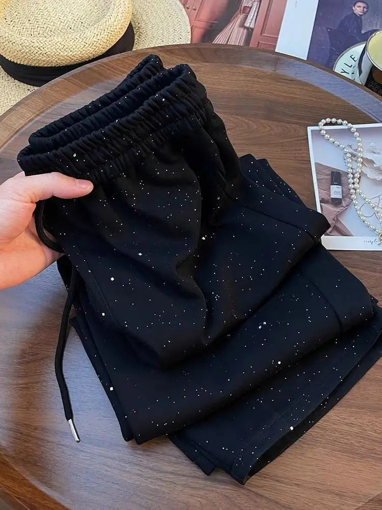Shiny Ice Silk Wide Leg Pants Women Summer New High Waist Straight Casual Sports Long Trousers Children's Matching Pants