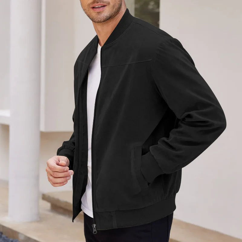 Men's Business Casual Suede Jacket Zipper Collar Warm Sporty Outerwear Polyester Fabric Long Sleeve round Hem Knitted Sleeve