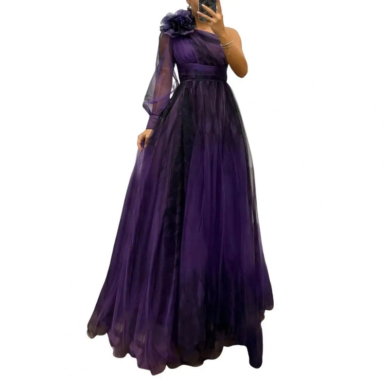 Cocktail Party Dress Elegant One Shoulder Evening Gown with 3d Flower Decor Pleated Mesh Detail Women's Banquet for Special