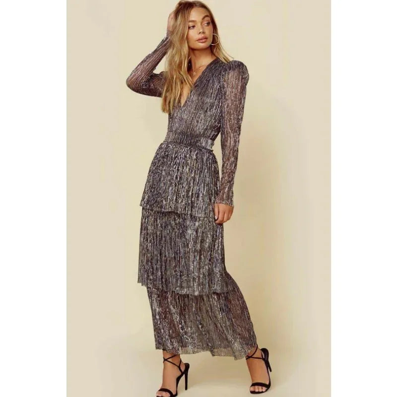 Vestido Feminino Plissado Costura Cintura Alta Vestido Feminino Manga Bufante Decote Em V Irregular Festa À Noite Vestido Elegante