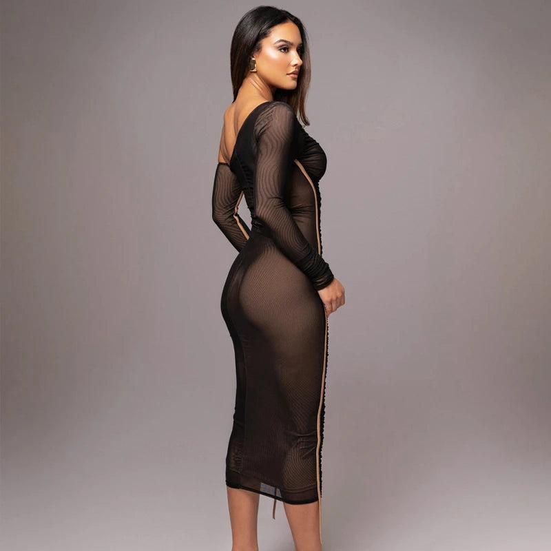 Hugcitar Mesh Solid Diagonal Collar Long Sleeve Draped Sexy See Through Bodycon Maxi Dress Summer Fashion Clothes Festival Club