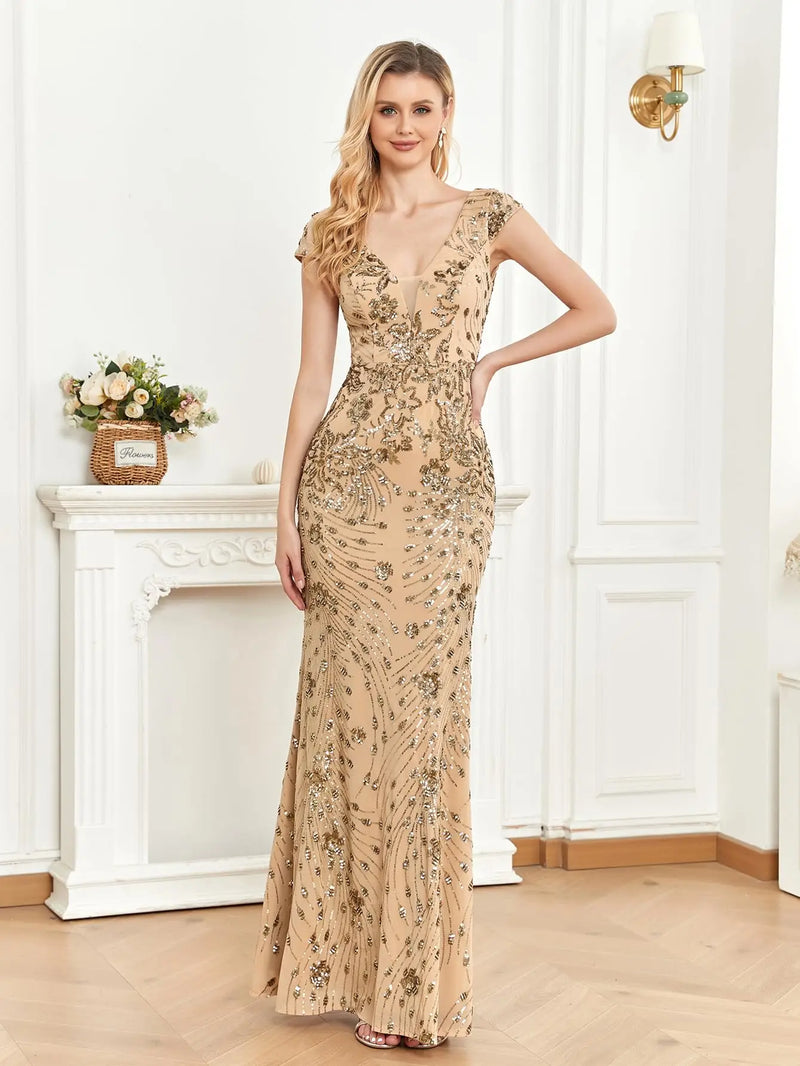 XUIBOL Elegant Champagne Sequin Evening Dress 2024 Women Long Mermaid Formal Deep V-neck Prom Luxury Wedding Party Gowns Dresses