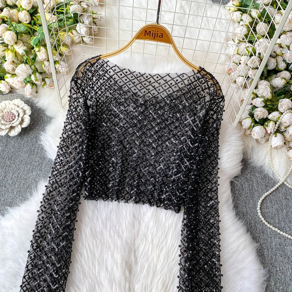 Slim Fit Short Sleeveless T-Shirt Women's New Style round Neck Long Sleeve Shiny Sequin Heavy Duty Bead Commute Style Korean ...