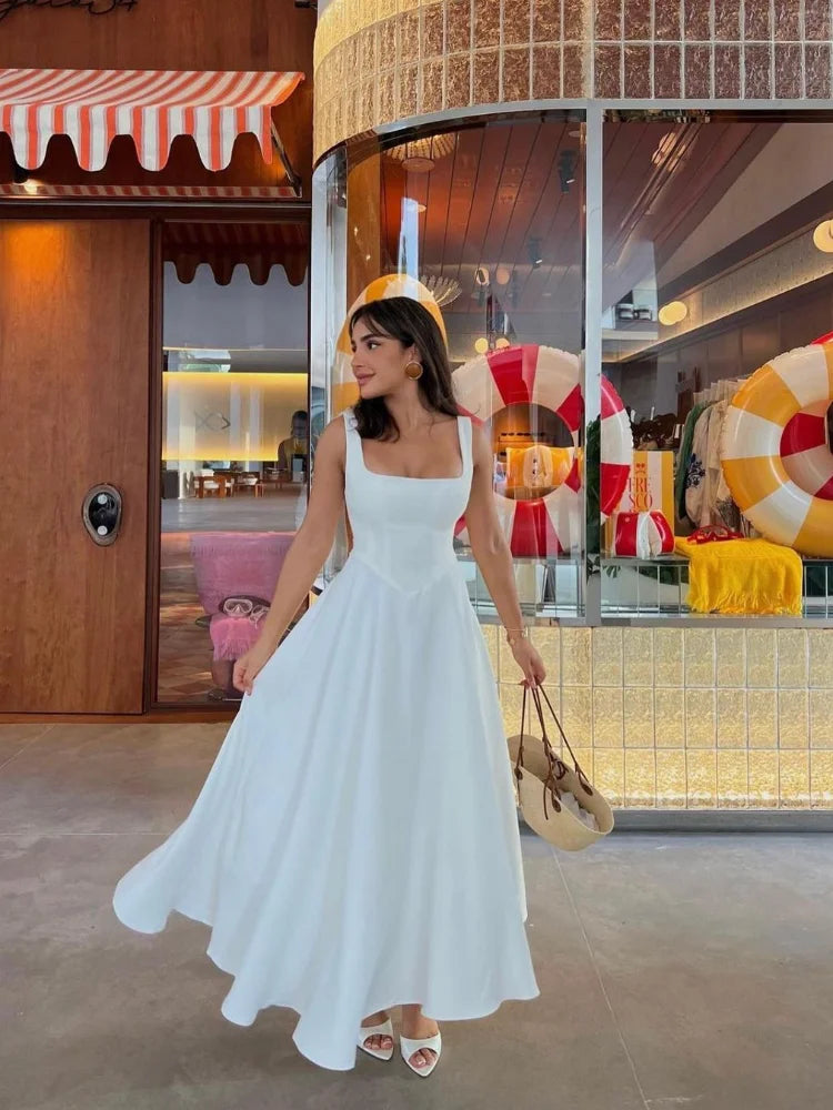 Vestido elegante branco de cintura alta feminino, moda verão, gola quadrada, sem mangas, linha A, 2025, nova vocação, festa na praia, moda urbana