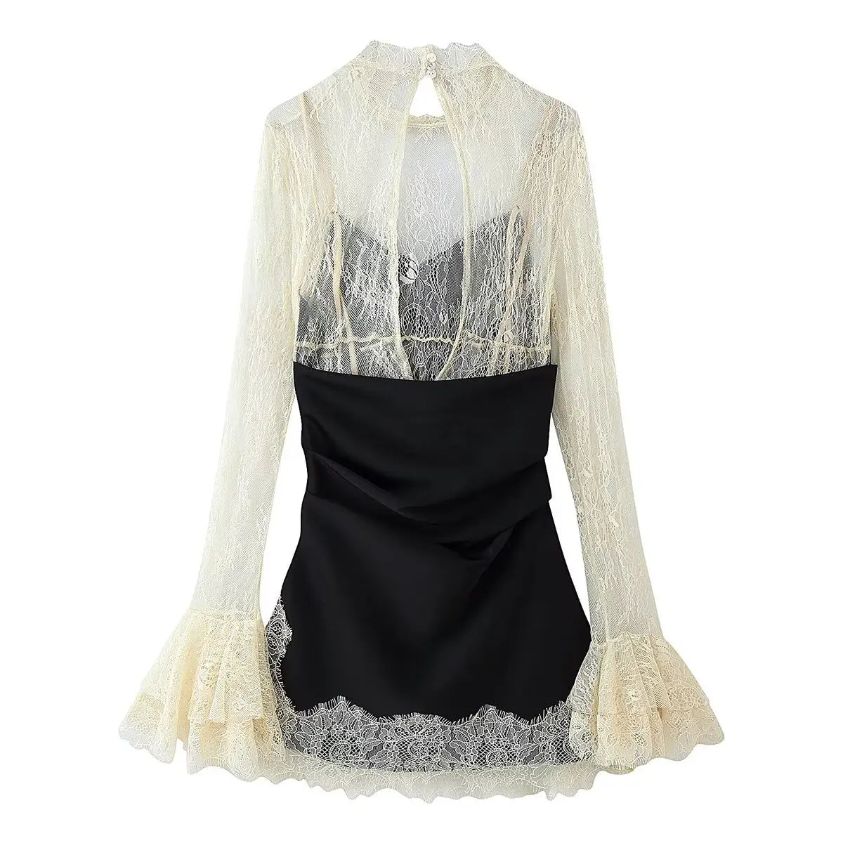 HH 2026 Women Lace Patchwork Mini Dress Vintage Contrast Slim Long Sleeve Dresses Y2k Summer Fashion High Street Lady Chic Dress