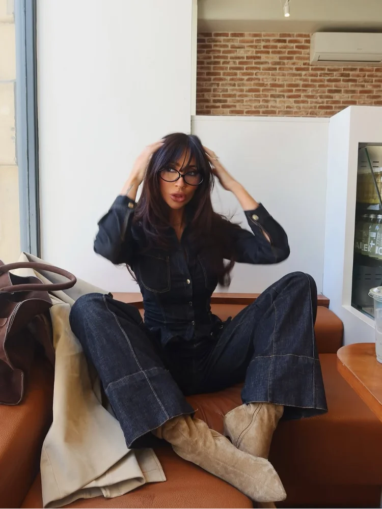 Women Fashion Denim Solid Top High Waist Pants Suits Casual Single Breasted Lapel Neck Shirts Pant Set Spring Lady Street Wear