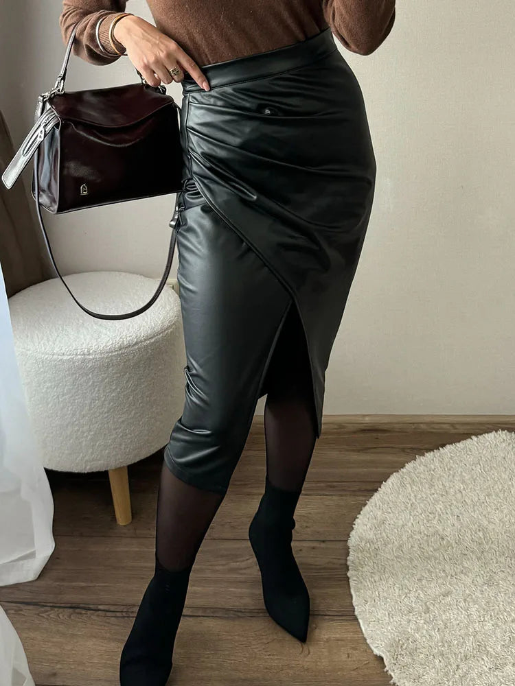 Women Midi Leather Skirt Sexy Split High Waist Zipper PU Front Slit Skirts Ladies Black Faux Leather Folded Skirt For Women