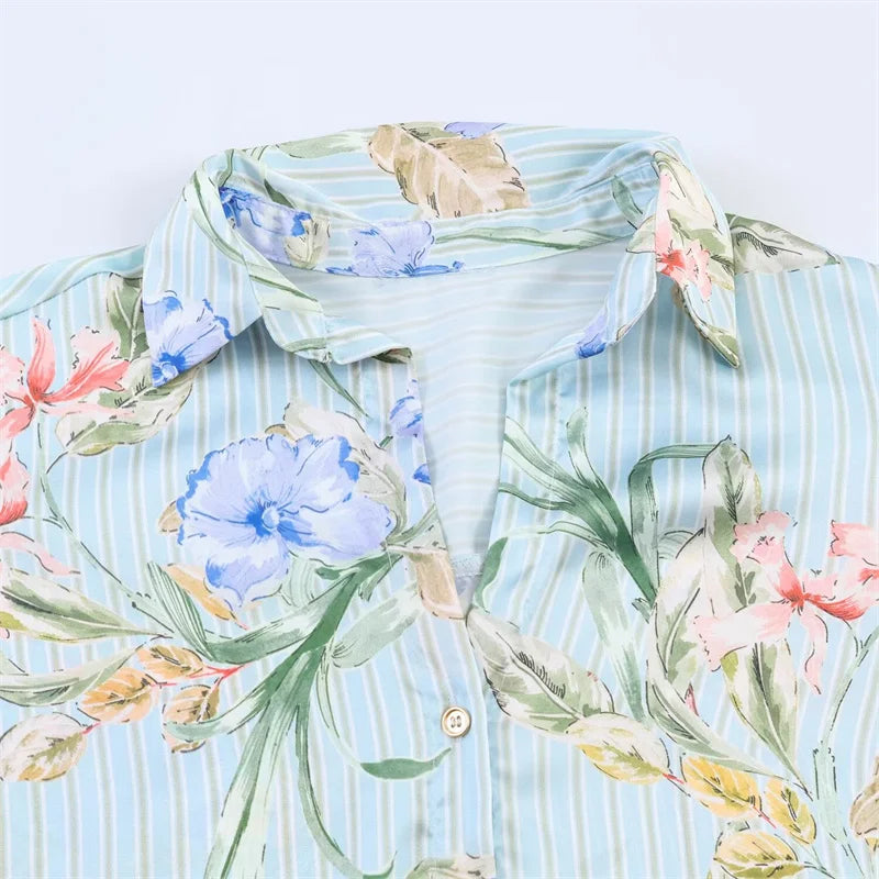 Women's Shirt 2026 Summer New Style Floral Print Long Sleeve Satin Textured Loose Shirt Beach Vacation Relaxed and Lazy