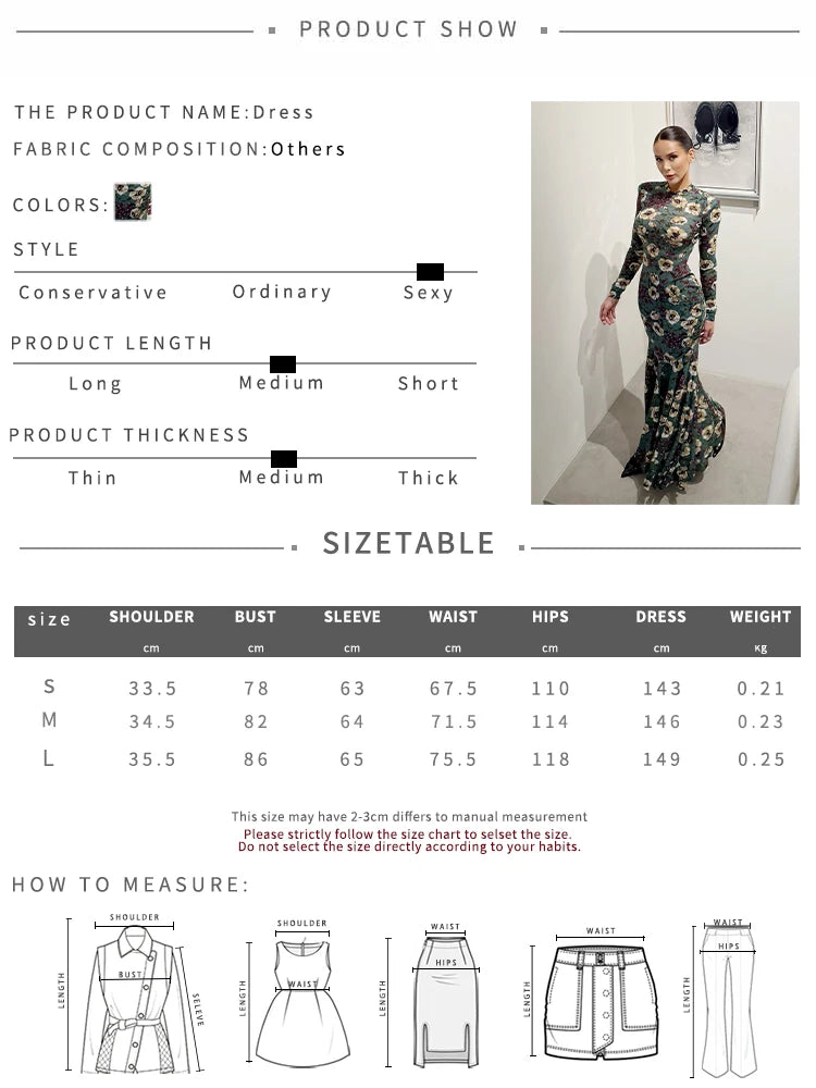 Kliou Flower Print Maxi Dress Woman o-Neck Full Sleeve Skinny High Waist Robe Street Casual Elegant Style Basic Long Bodycon