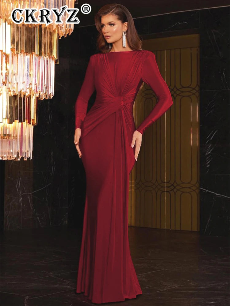 Ladies Autumn Elegant Evening Party Dress Women Long Sleeve O-Neck Ruched Fashion Maxi Dresses Night Club Streetwear Fall Outfit