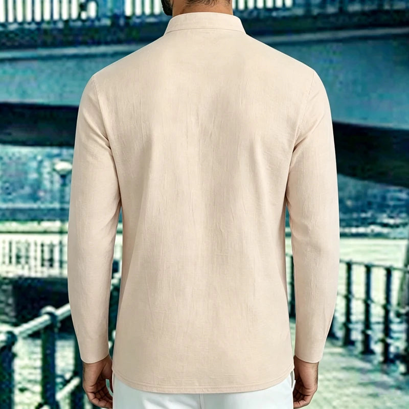 Men's Lightweight Shirts Long Sleeve Henley Cotton Linen Shirts for Male Beach Hawaiian V-neck Top Breathable Polo Shirts top