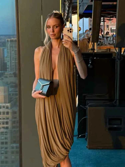 Nibber Ruched Halter Maxi Dress Women Sleeveless Backless Irregular Hem Solid Vacation Classic Basis Prom Party Elegant Vestidos