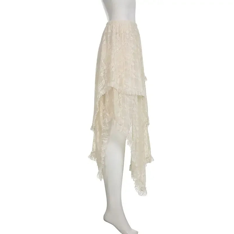 Saia assimétrica de renda Fairycore feminina vintage Y2K Boho estética moda cintura alta saias médias femininas roupas de férias