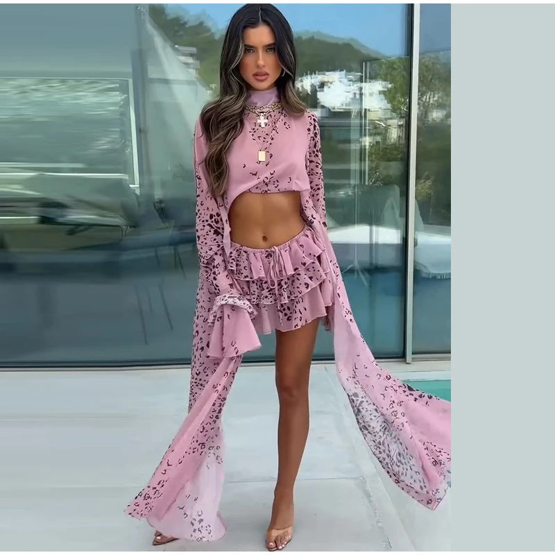Sexy Women's Skirt Set Full Sleeve Crop Top Ruffle Hem Skirts Female Vacation Print Sets 2026 Summer Beach Fashion Lady Suit