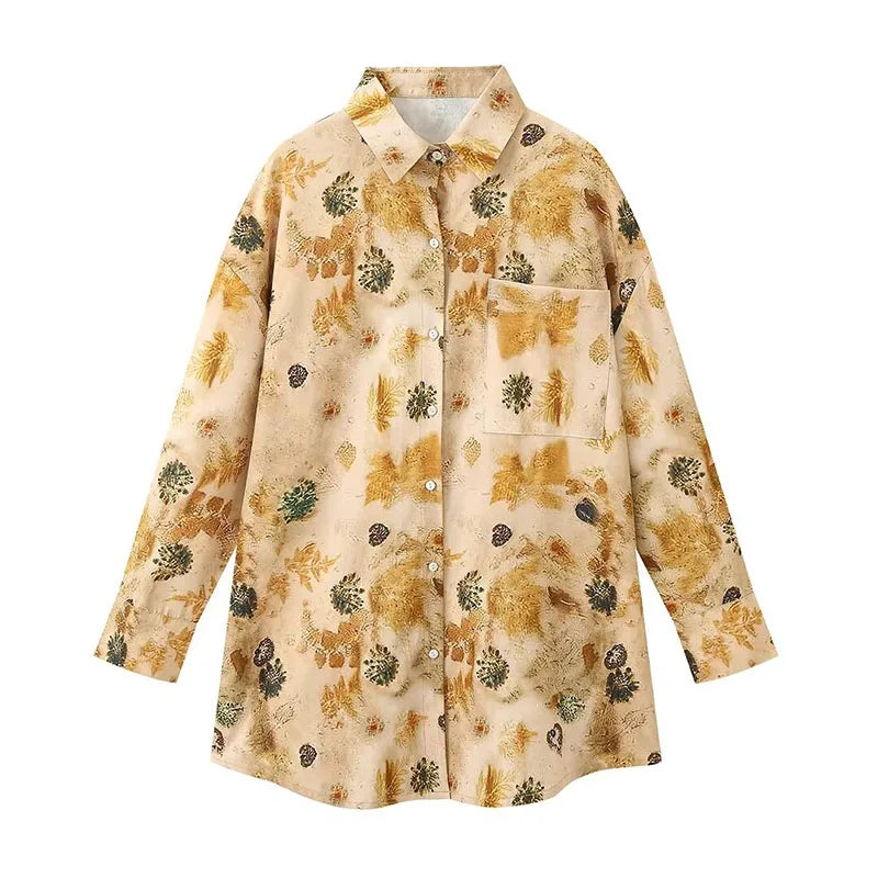 TRAF Women Fashion Set Print Turn-Down Collar Long Sleeve Single Breasted Shirt+Elastic Waist Drawstring Loose Pant Female Suits