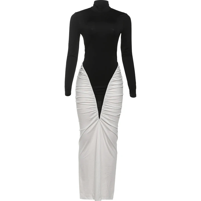 Sisterlinda Ruched Patchwork Dress Women Full Sleeve Color Block Peach Hip Elegant Sexy Simple Evening Stretch Skinny Bodycon