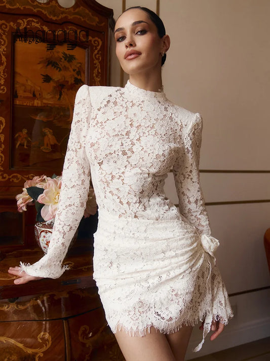 Ahagaga Fashion Lace Mini Dresses Elegant High Neck Solid Slim Long Sleeve Bodycon Party Clubwear Streetwear Woman Vestidos Robe