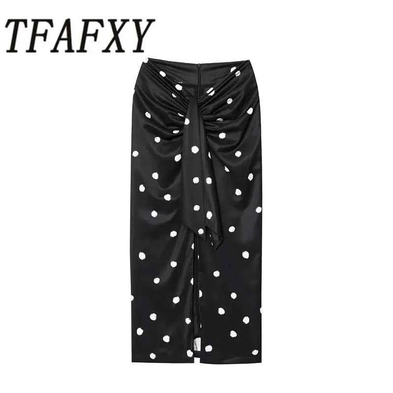 TFAFXY 2025 Polka Dot Skirt Women Wrap Ruched Midi Skirt Woman New Fashion Elegant Long Skirts For Women Party Skirts
