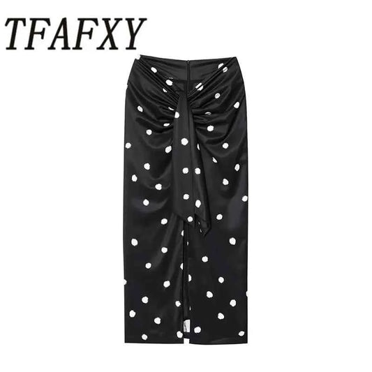 TFAFXY 2025 Polka Dot Skirt Women Wrap Ruched Midi Skirt Woman New Fashion Elegant Long Skirts For Women Party Skirts