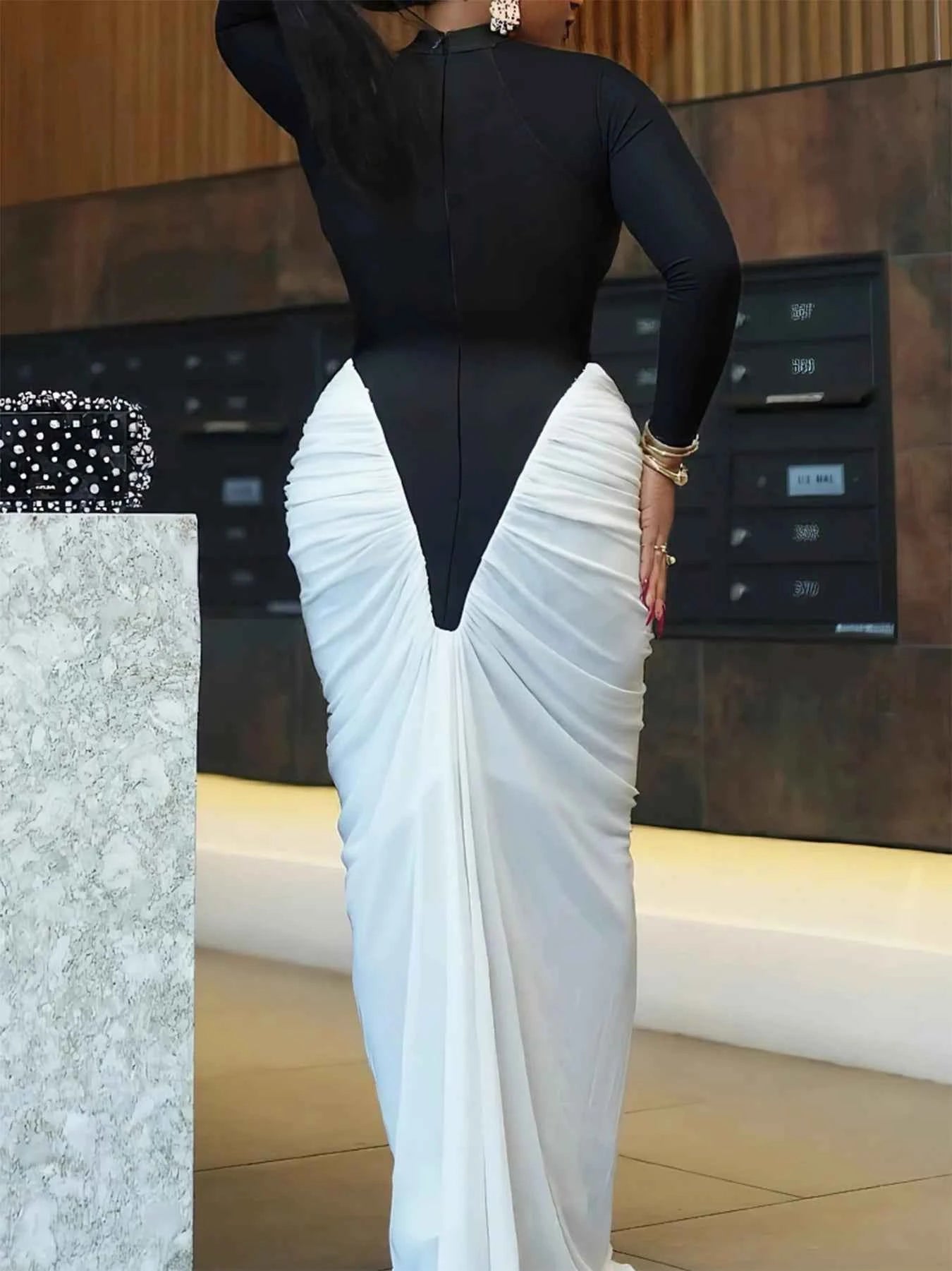 Sisterlinda Ruched Patchwork Dress Women Full Sleeve Color Block Peach Hip Elegant Sexy Simple Evening Stretch Skinny Bodycon
