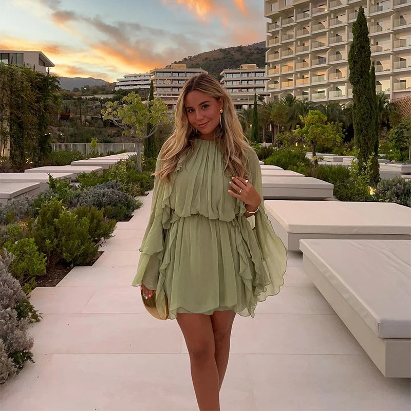 Elegant Women Green Irregular Ruffles Loose Mini Dress Fashion O Neck Full Sleeve Short Vestidos Spring Summer Chic Lady Dresses