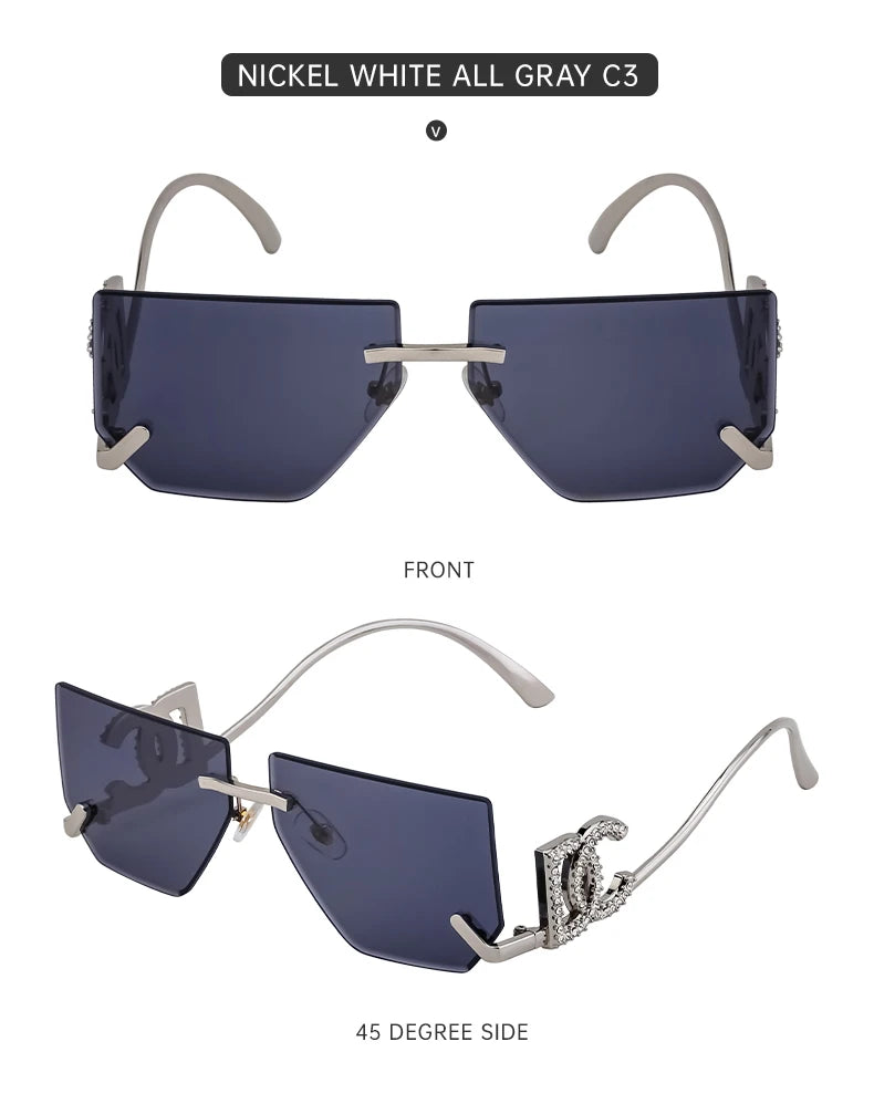 Óculos de sol quadrados sem aro punk femininos, armação de metal, design de marca de luxo, óculos retrô para mulheres, proteção UV400, 2025
