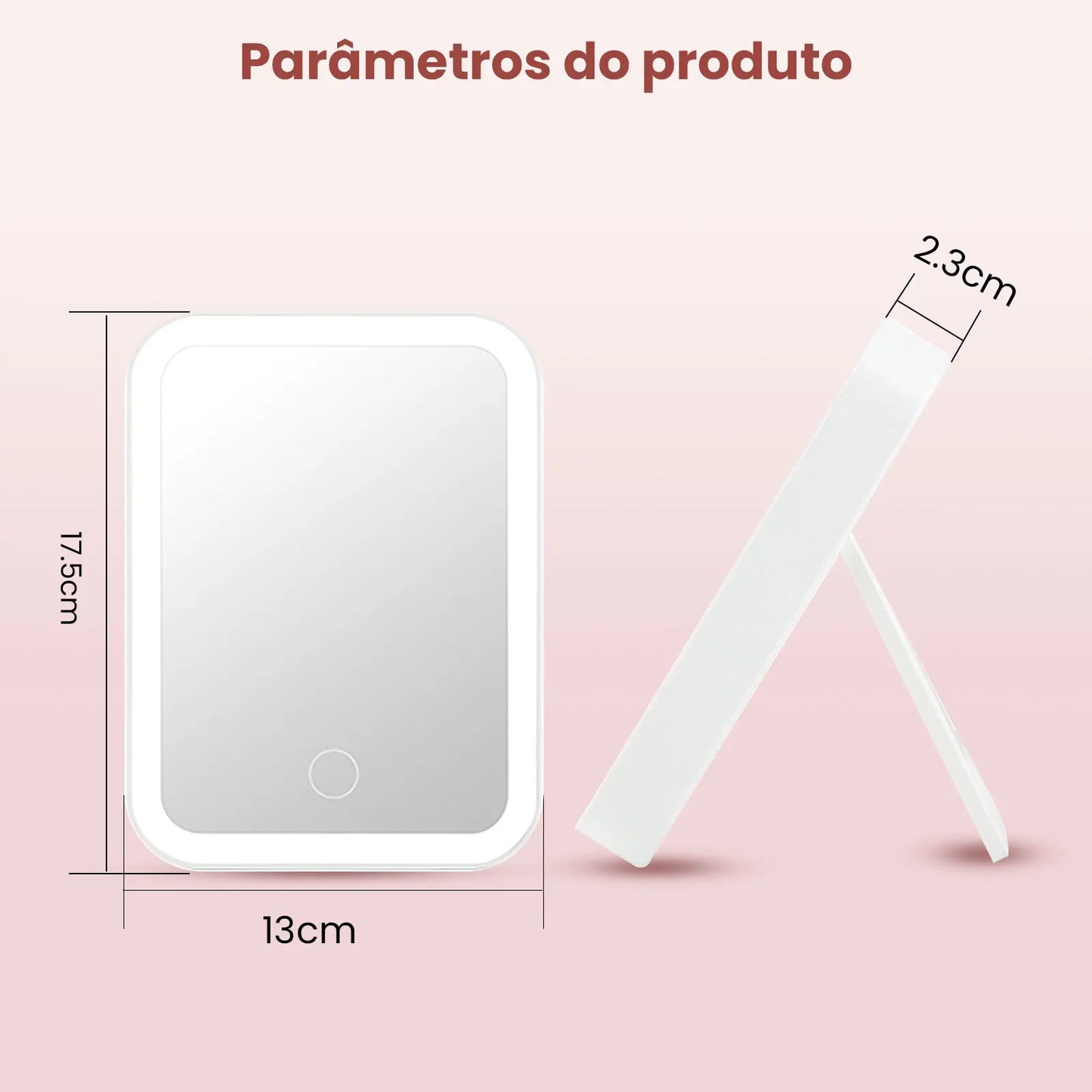 Espelho de Beleza com Lupa e Luz LED, 3 Painéis, Iluminação Ajustável, Base Antiderrapante para Bolsa e Viagem