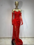 Luxury Designer Fashion Women Black Strapless Lace Embroidery Bodycon Open Leg Long Dress with Gloves Formal Evening Party Gowns