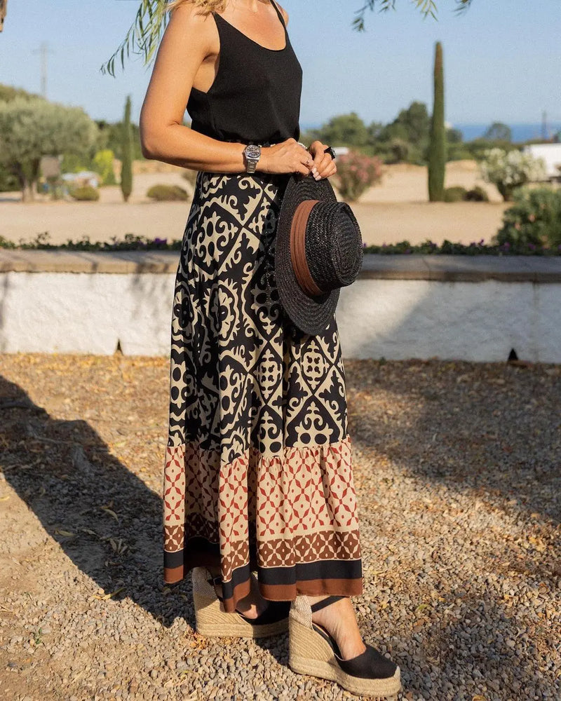Saia maxi estampa boho feminina moda cintura alta impressão 3D vestido longo casual solto verão saias de cintura alta