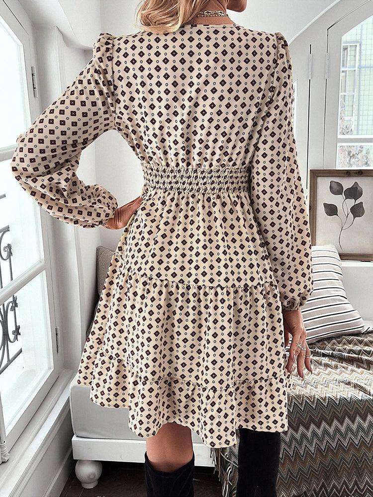 Ladies fashion casual full body print fold collar ruffled hem dress V-neck waist fold long-sleeved dress - CRAVO ROSE