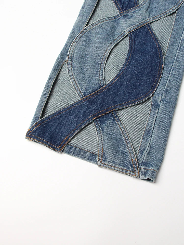 TWOTWINSTYLE Calça jeans feminina com zíper e patchwork, cintura alta, vazada, casual, perna larga, roupa feminina, nova moda