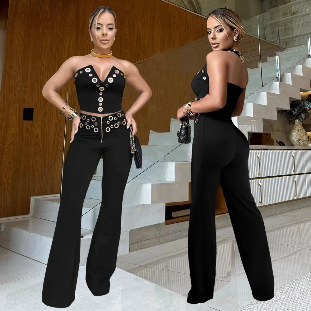 FLARORA Fashion Metal Ring Holes 2 Pcs Sets Woman Sleeveless Hollow Out Crop Tops And High Waist Flare Pants Elegant Streetwear