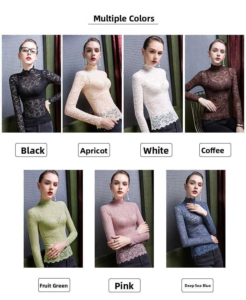 High Collar Lace Long Sleeve Women's Base Shirt Slim Fit Inner Wear Stand Collar Top Trendy Black T-Shirt Commute Style Korea...