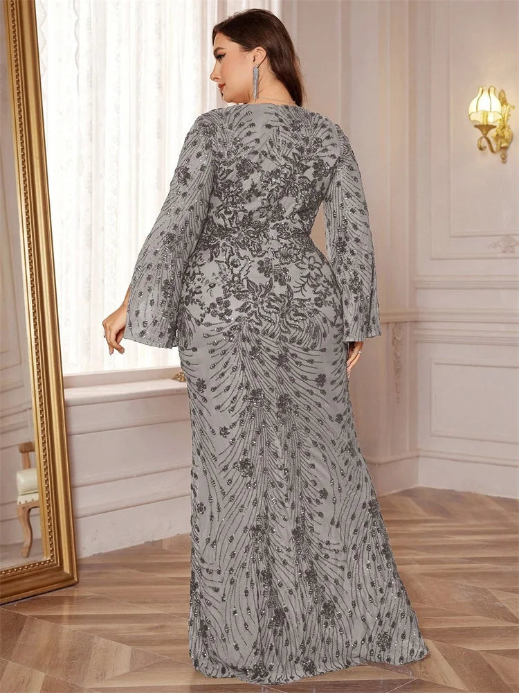 Lucyinlove Plus Size Luxury Gold Evening Dresses Women 2025 Long Sleeve Mermaid Formal Sequins Prom Wedding Party Cocktail Gowns