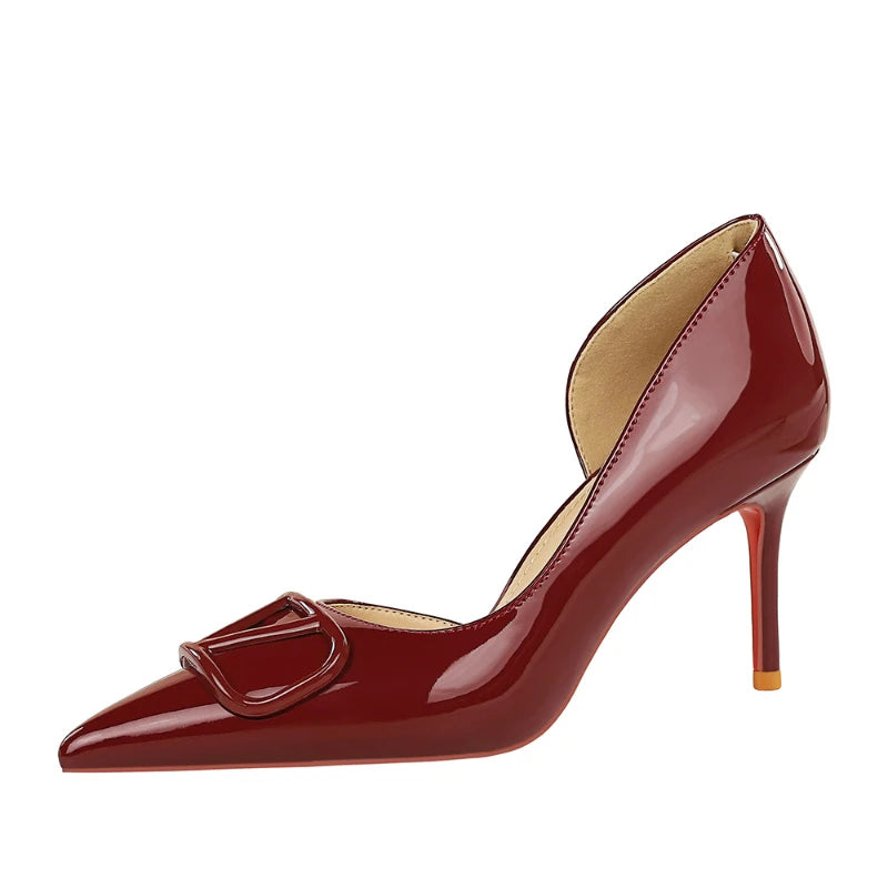European Banquet Pointed V-Buckle High Heels Thin Heel Patent Leather Side Air Quality Women's Shoes Fashionable And Elegant