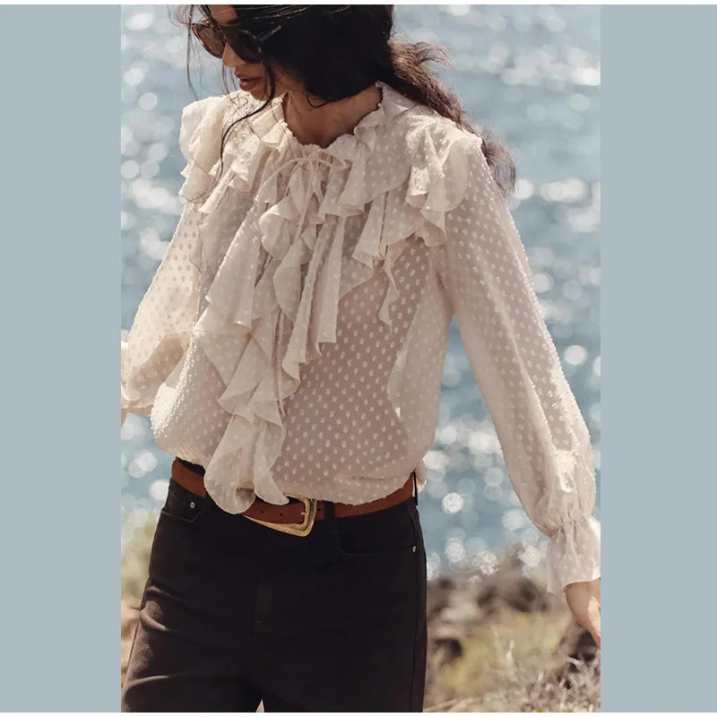 Blusa feminina elegante, azul, gola alta, babados, manga comprida, lisa, solta, chiffon, nova blusa feminina de verão 2025