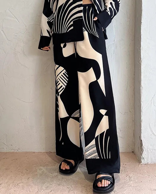 Casual Print Shirt Women 2 Piece Set Elegant Loose Long Sleeve Shirts Wide Leg Pants Female Suit 2024 Summer Fashion Lady Outfit