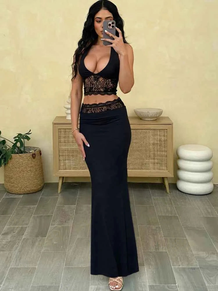 kliou Lace Patchwork Women 2 Piece Set Halter Fashion Backless Sheer V-neck Tanks+Trim Matching Long Skirts Mujer Elegant Suits