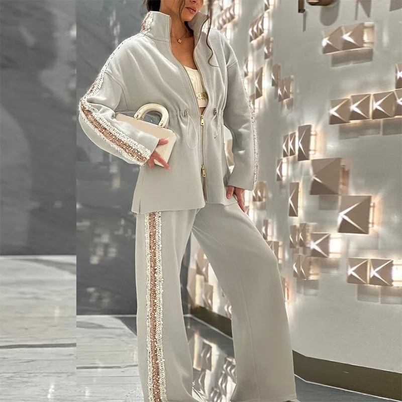 Vintage Sequin Solid Color Long Sleeved Drawstring Top & Wide Leg Pants suit 2025 New Elegant Shiny Lady Chic Office Autumn set