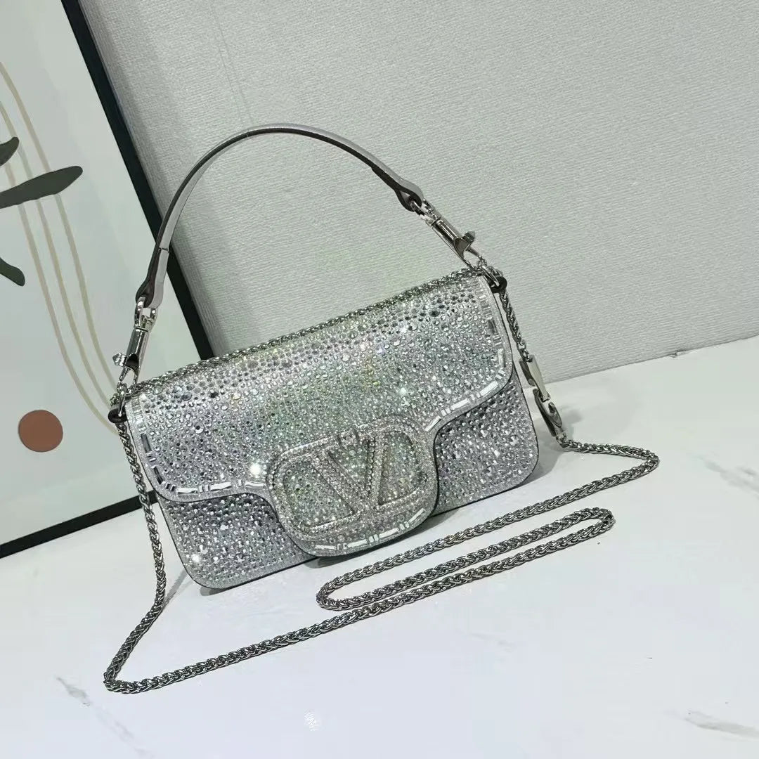 Bolsa de mão embutida com diamante, bolsa de noite portátil com corrente de ombro único, bolsa de couro brilhante com diamante quadrado para uso diário - CRAVO ROSE