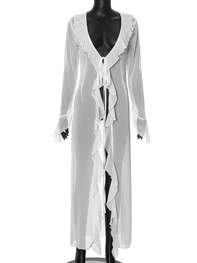 Babados Cardigan Feminino Chique Decote V Manga Longa Renda Vestido