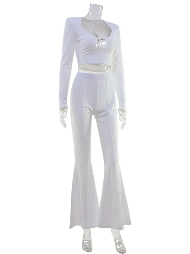 CNYISHE Long Sleeve U Neck Solid Fashion Women Sets 2-Pieces(Tops+Pants) Sheath Sexy Club Suits Fitness Casual Female Elegant