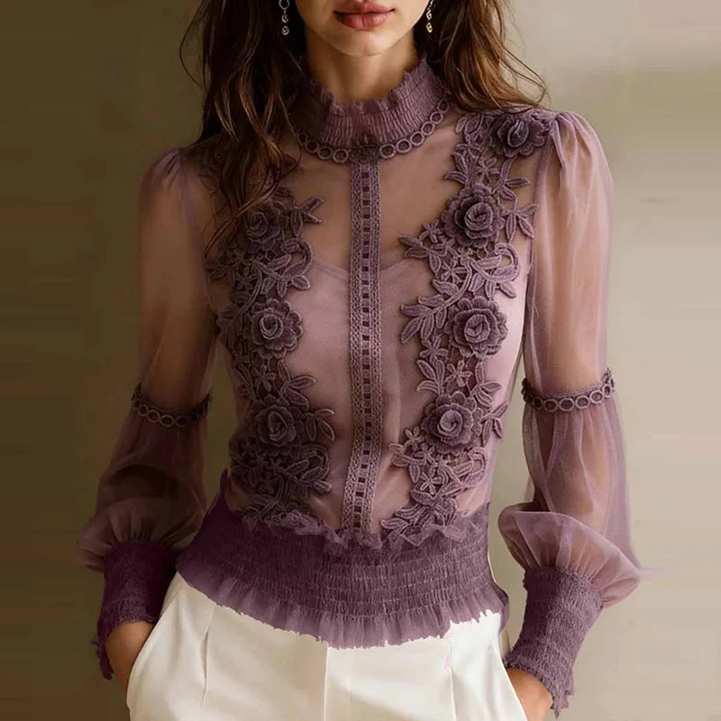 Spring Elegant Lace Mesh Hollow Sexy Blouses Women High Neck Embroidered Sheer Shirt Summer Vintage Smocked Waist Ruffle Hem Top