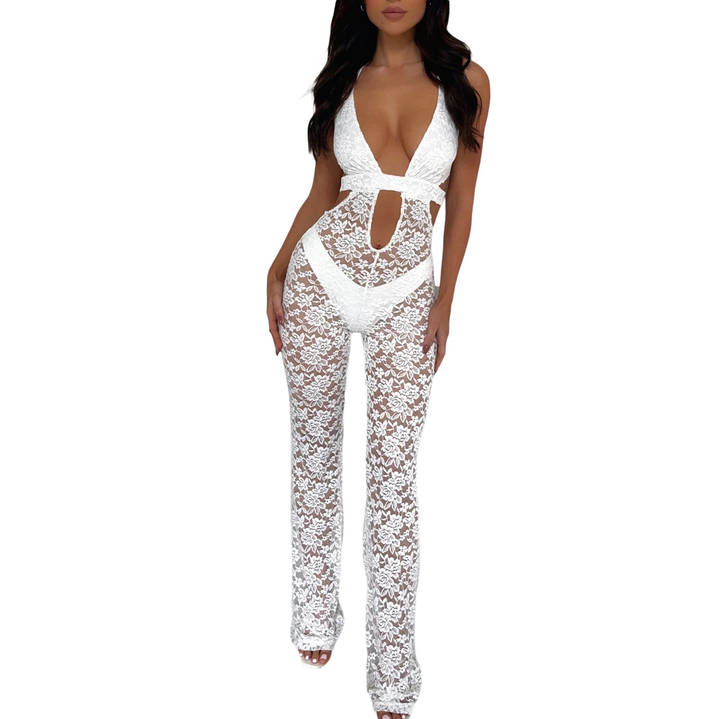 Women Halter Flare Jumpsuit Casual Summer Cutout Lace See-Through Backless Romper Pants Streetwear