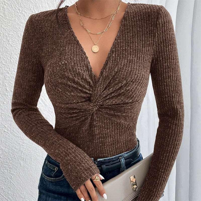 Bottom sexy hot diamond V-neck long sleeve split flared sleeve sweater knit autumn wear