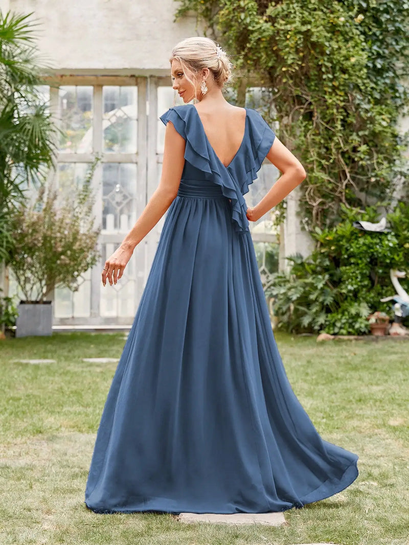 Vestido de noite longo com decote em V, manga curta, babados, renda, vestido de baile, vestido de festa, vestido de madrinha