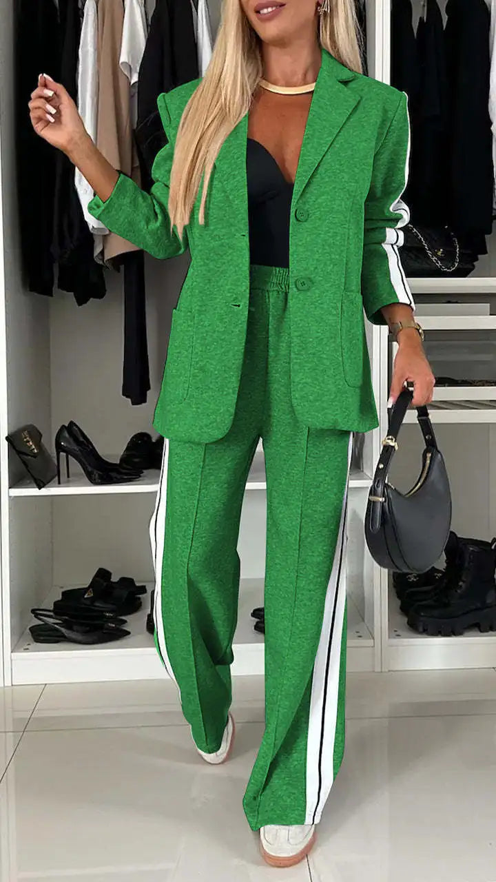 Modern Office Commute Women's Suit Set Loose Fit Long Pants High Waist Striped Casual Sportswear Long Sleeve Button up Coat