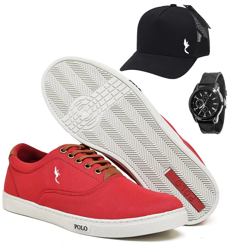 Men's Polo Blu Cano Low Casual Shoes with Watch and Black Cap Special Combo Numbering from 37 to 46.